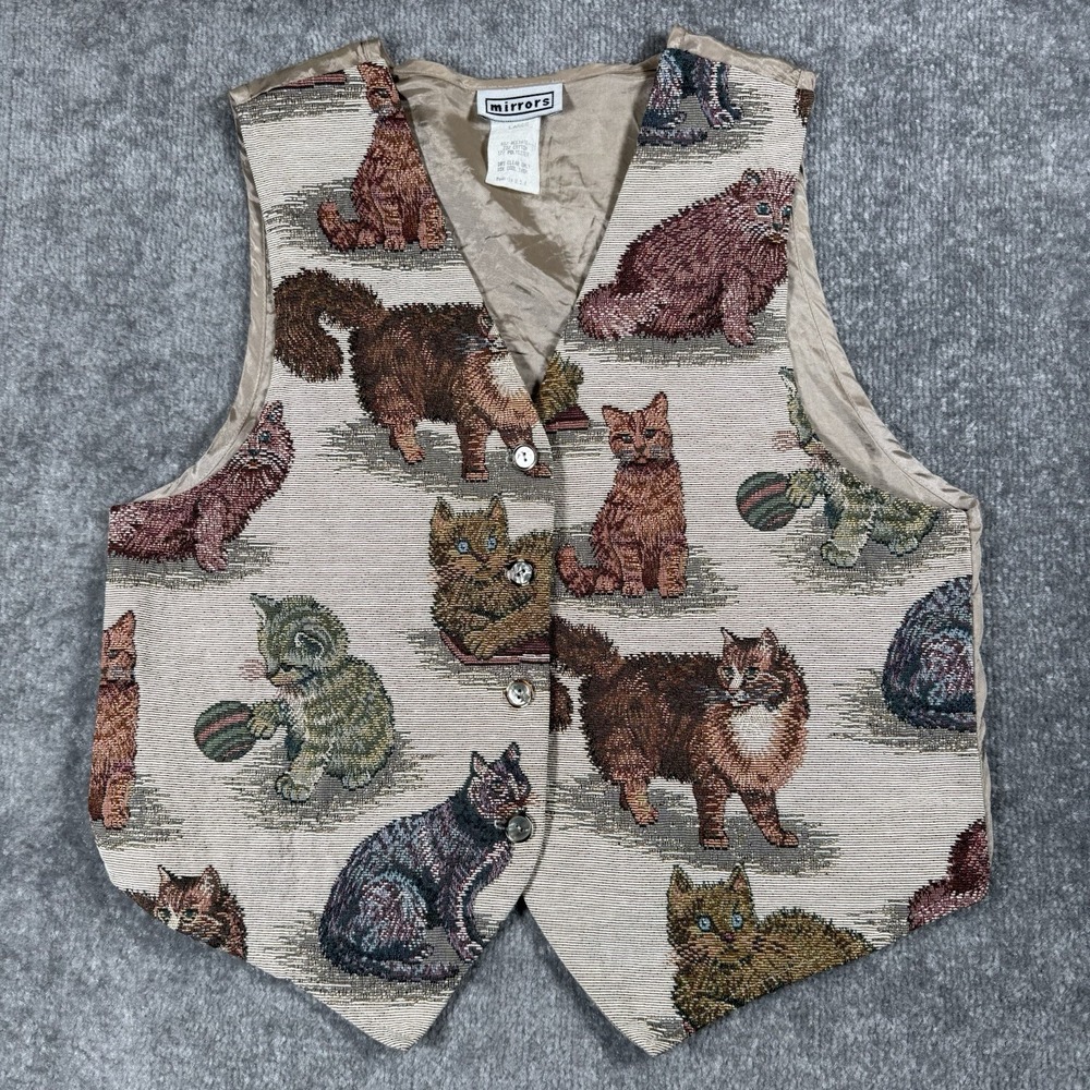 Vintage Cat Tapestry Vest Women's Large Beige Kitten USA Made Crazy Cat Lady